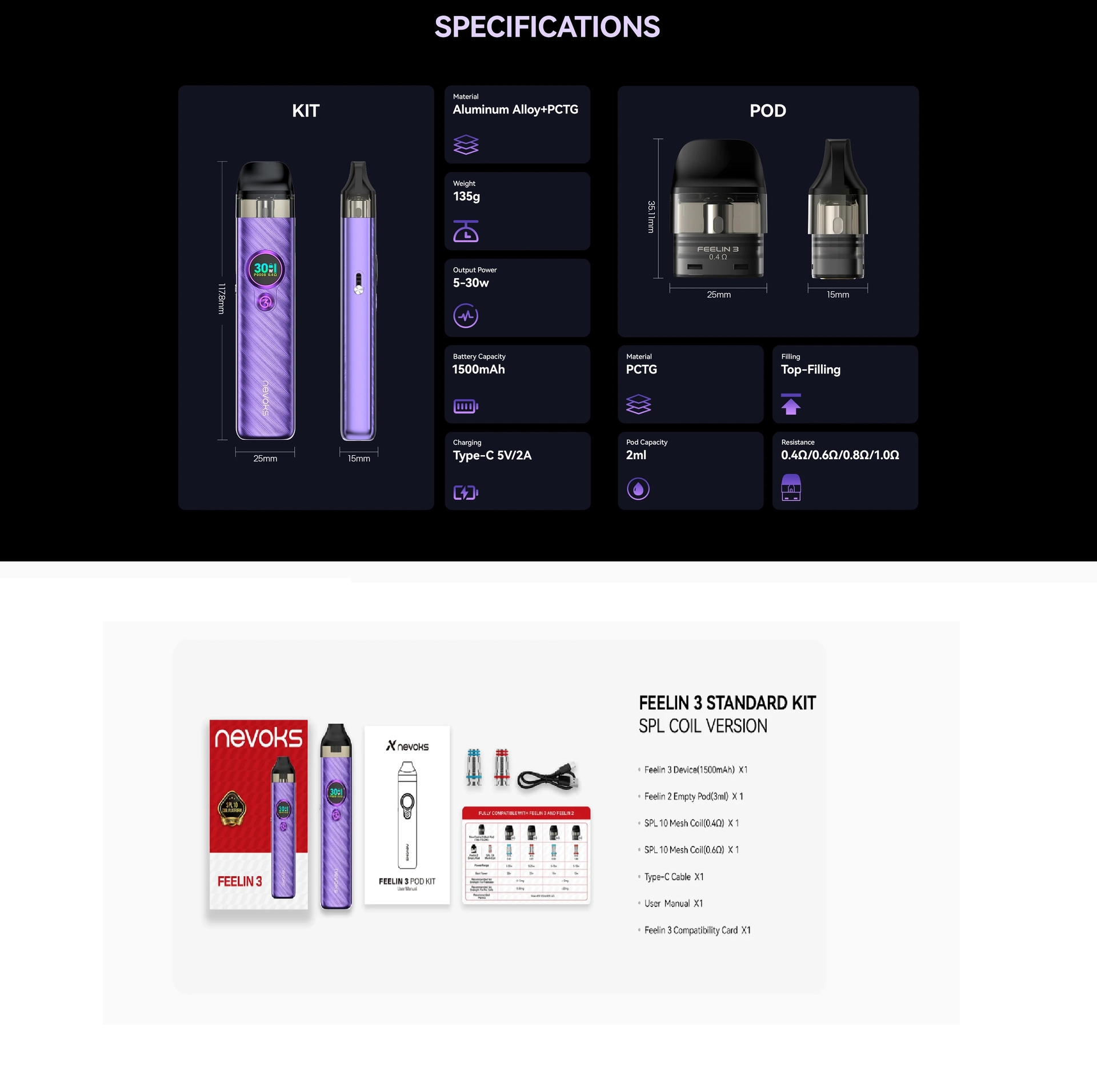 Nevoks Feelin 3 Kit (SPL Coil Version) – 1500mAh, 5–30W, Type-C Fast Charging - Image 2